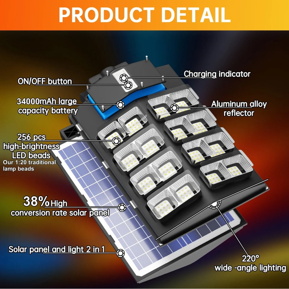 Gefolly Solar Street Light, 7500W 1650000LM, Motion Sensor, Waterproof, Outdoor Garden Driveway Lamp
