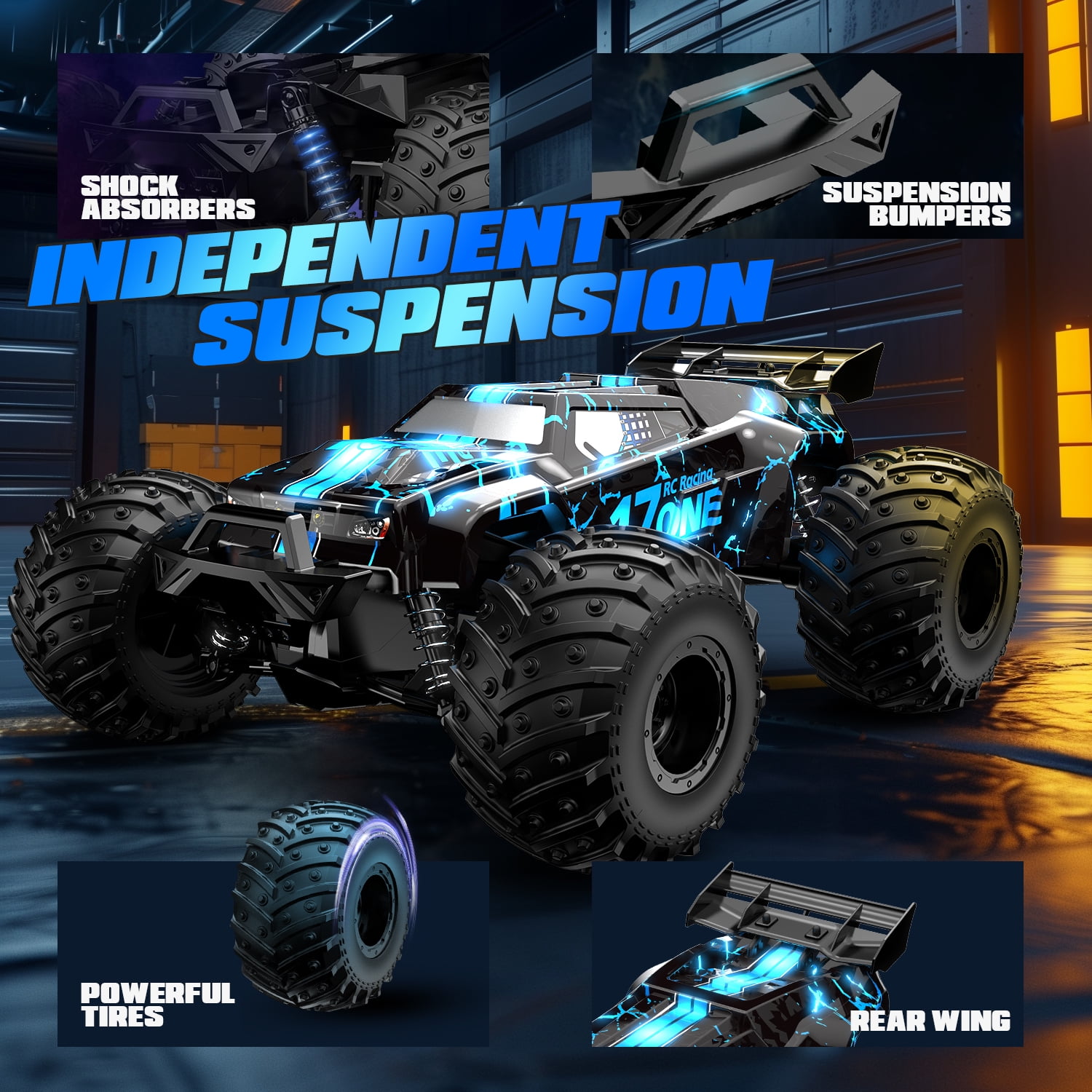 JoyStone Glowing RC Cars with Body Lights & Headlights, 1:14 Scale Remote Control Truck, 15+ mph High Speed Monster Truck, 2 Batteries for Boys Kids, Blue