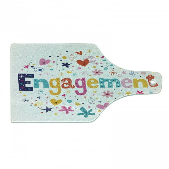 Engagement Party Cutting Board, Cartoon Patchwork Inspired Hearts Engagement Party Theme Image Art Print, Tempered Glass Cutting and Serving Board, Wine Bottle Shape, Multicolor, by Ambesonne