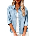 thumbnail image 5 of Women Button Down Chambray Shirt Long Sleeve Roll Up Denim Blouses Dressy Casual Loose Jean Tops with Chest Pocket, 5 of 8