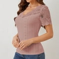 thumbnail image 5 of Summer Homenesgenics Womens Tops under $5 Women's Fashion V-Neck Lace Solid Color Short Sleeve Blouses Beige L, 5 of 6