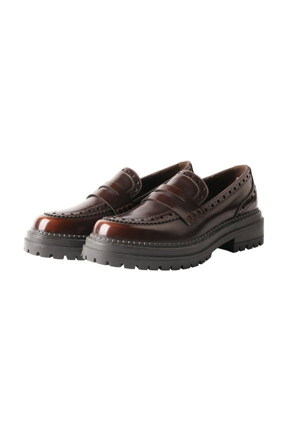 British Style Round Toe Chunky Platform Slip-On Loafers Women's Leather Shoes