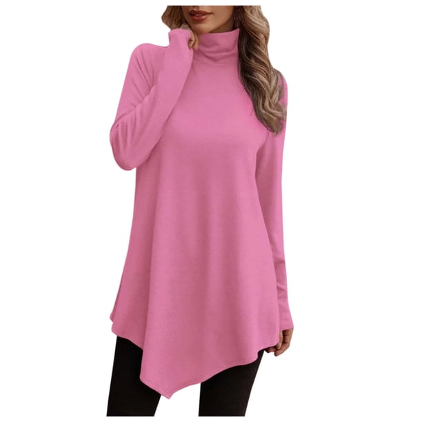 Top informal de manga larga, cuello alto y corte holgado de punto liso para mujer, tallas grandes