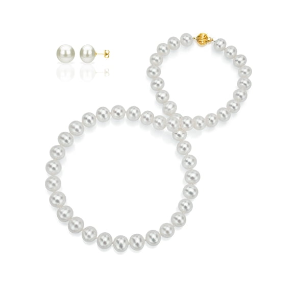 14K Yellow Gold Freshwater Pearl Necklace and Stud Earring Set For Woman - AAA Quality