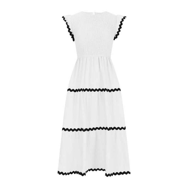 white pleated swing dress Knitted retro White pleated puff sleeve long-sleeved large swing dress- Caer M / White