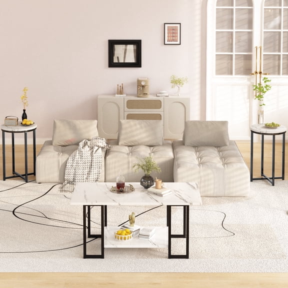 MIERES 3 Pieces Living Room Table Set, Faux Marble Coffee Table with 2 Round End Side Tables, Coffee Table Set with Metal Frame for Apartment Home Office, White