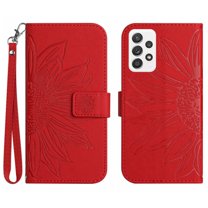 Mantto for Samsung Galaxy A53 5G 6.5 inch Wallet Case with Wrist Strap,Stylish Sunflower Embossed PU Leather Shockproof Protective Magnetic Flip Stand Card Slots Protective Phone Cover,Red