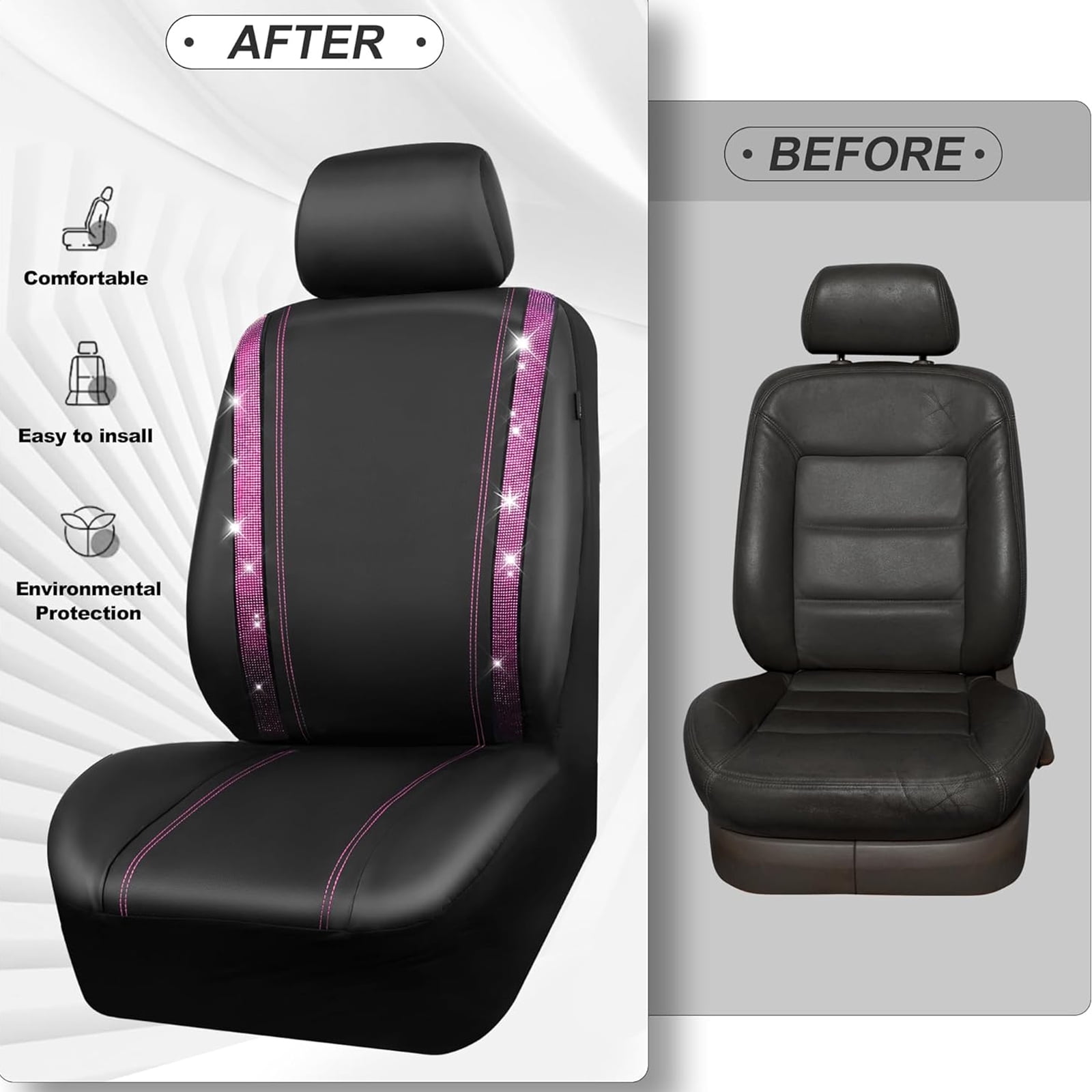 Car-Grand Bling diamond Rhinestone Leather car seat covers front pair shinning spark glitter crystal cute universal fit automotive glitter SUV truck sedan women girly Pink