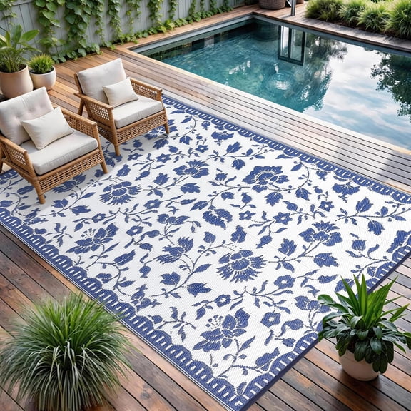 9x12 Outdoor Patio Rug Stain Resistant Foldable Modern Floral Navy/White