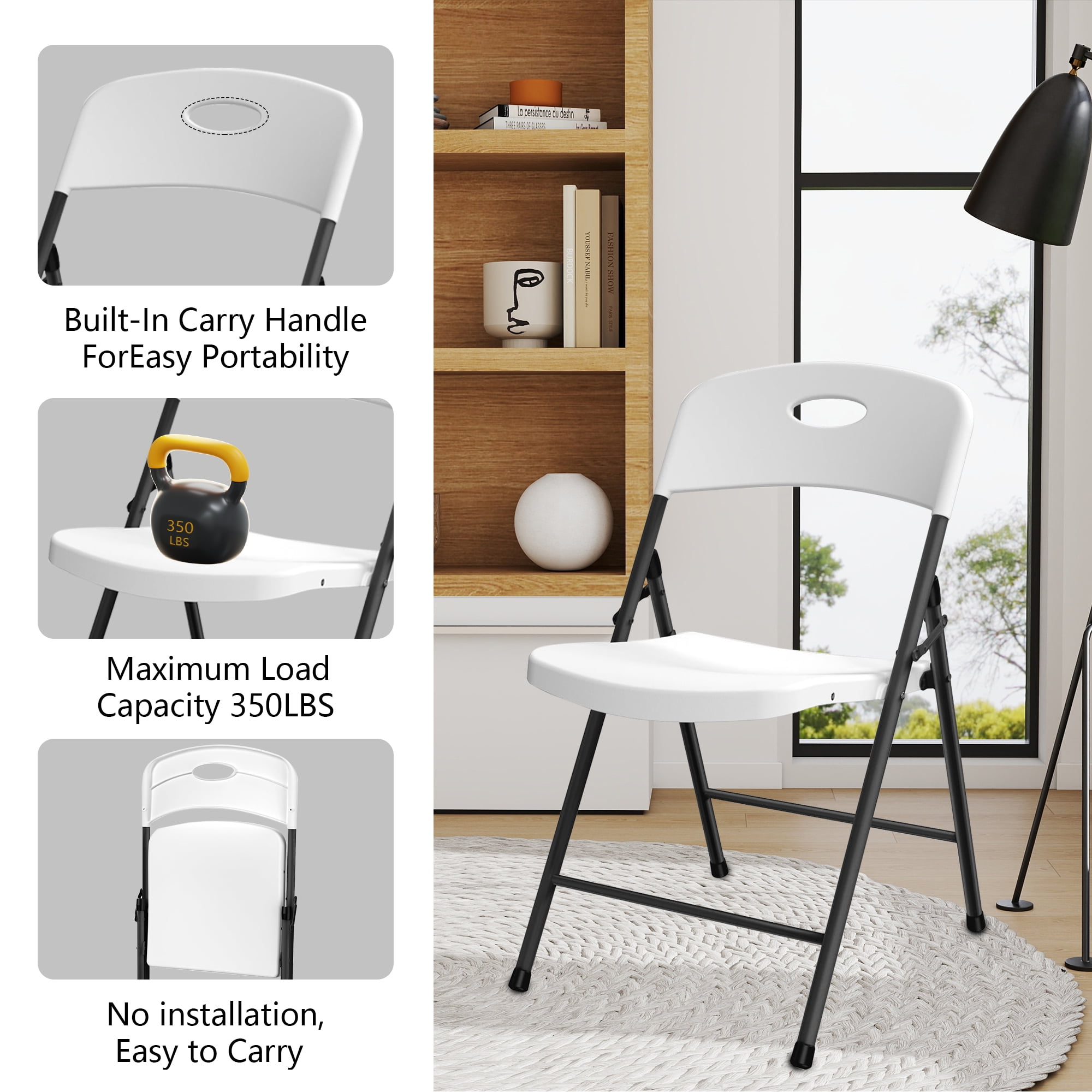 Eleura Home Plastic Folding Chairs 4 Pack, Sturdy Metal White Foldable Chair, 350 lbs Capacity, Portable for Outdoor/Indoor, Picnic, Party, Patio