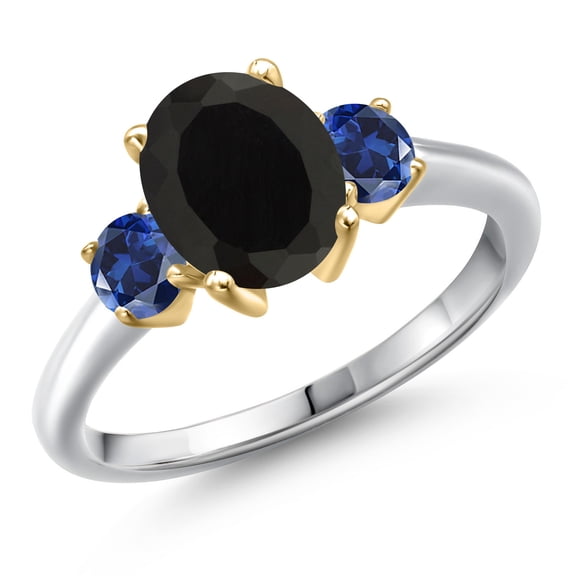 Gem Stone King 10K Two Tone Gold Black Onyx and Blue Created Sapphire Engagement Ring for Women | 2.50 Cttw | Oval 9X7MM | Gemstone December Birthstone | Size 6