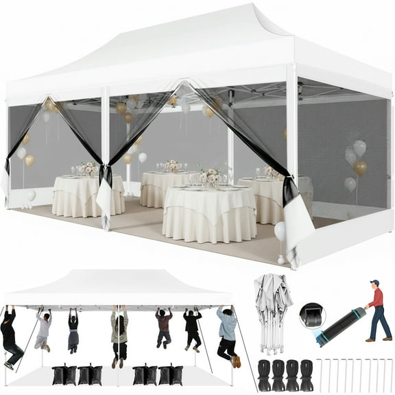 COBIZI 10x20 Canopy Heavy Duty Tent,Pop Up Canopy Gazebo with Netting Screened,Waterproof&Sunproof Ez up Canopy with Sidewalls,Outdoor Instant Screened Gazebo for Backyard,Wedding,Birthday,BBQ,White