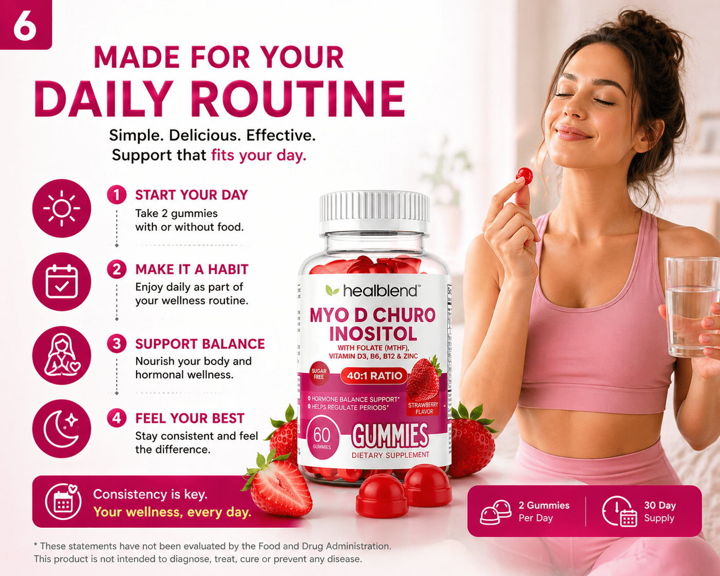 Healblend Myo-Inositol & D-Chiro Inositol PCOS Gummies for Hormone Balance & Fertility Support with Folate and Zinc, Strawberry Flavor, Sugar-Free, 60 Count