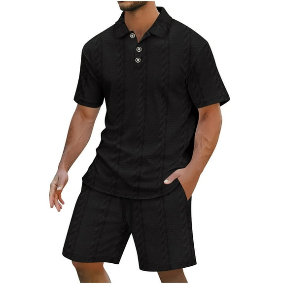 Men's 2 Piece Casual Outfits, Short Sleeve Shirt and Drawstring Waist Shorts Set Summer Vacation Textured Sets with Pockets Sweat Suits for Womens 2 Piece Joggers Black 3XL