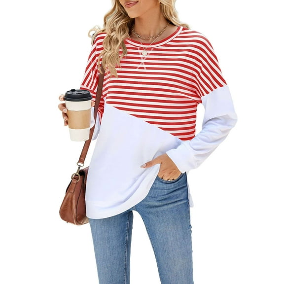 Deago Women Striped Color Block Long Sleeve Crew Neck Sweatshirt Casual Loose Fit Pullover Shirts Side Split Tunic Tops