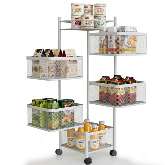 Storage Cart for Kitchen with 5 Swivel Shelves and Rolling Wheels with Lock Option in White