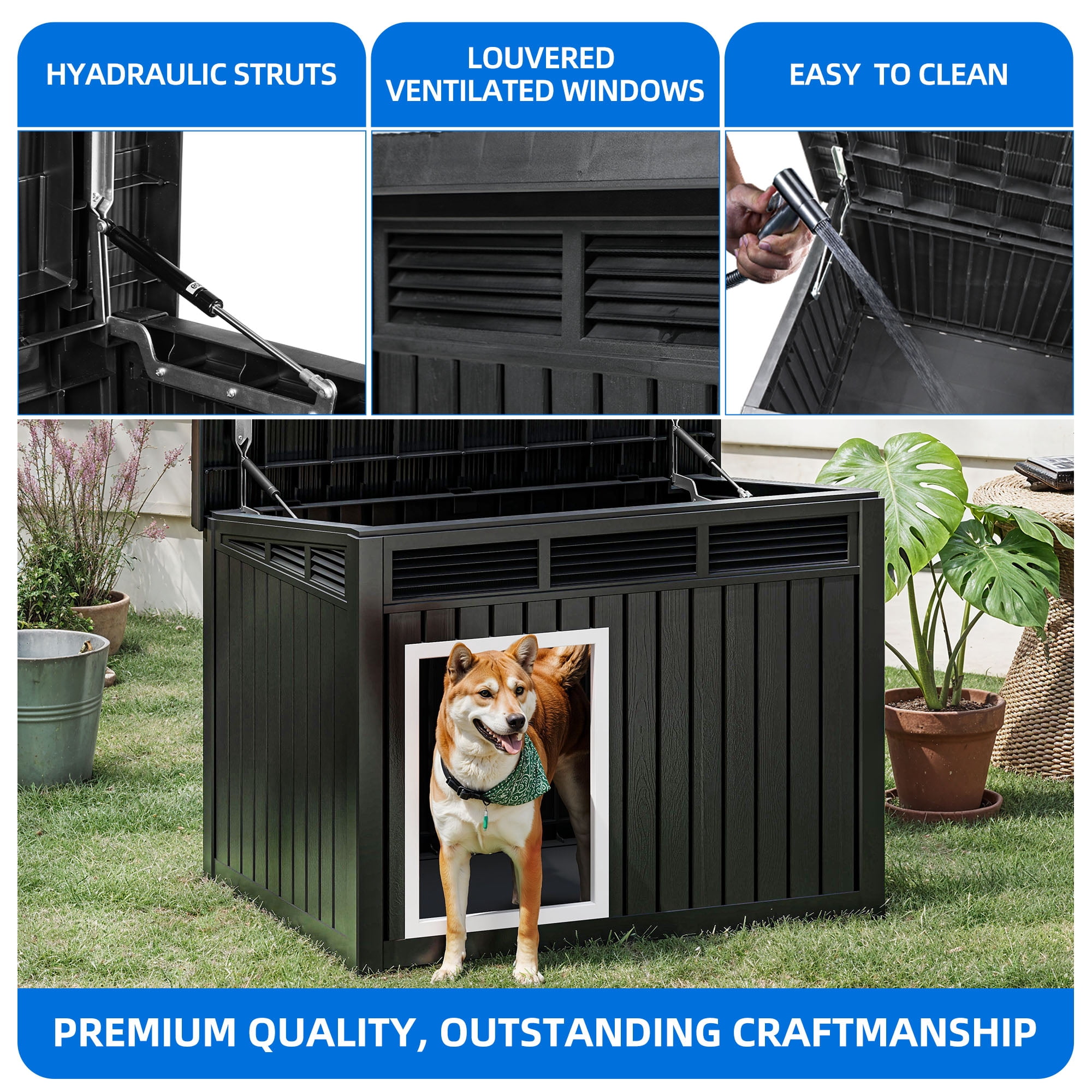 Dextrus Plastic Dog House with Lift-Up Sloping Roof,Indoor & Outdoor Dog Kennel,Waterproof & Ventilated,Black,31.9"D x 24.8"W x 24.1"H