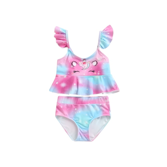 Fortune 3-8 Years Little Girls Swimsuits 2 Piece Cartoon Animal Print Swimwear Ruffled Tops Briefs