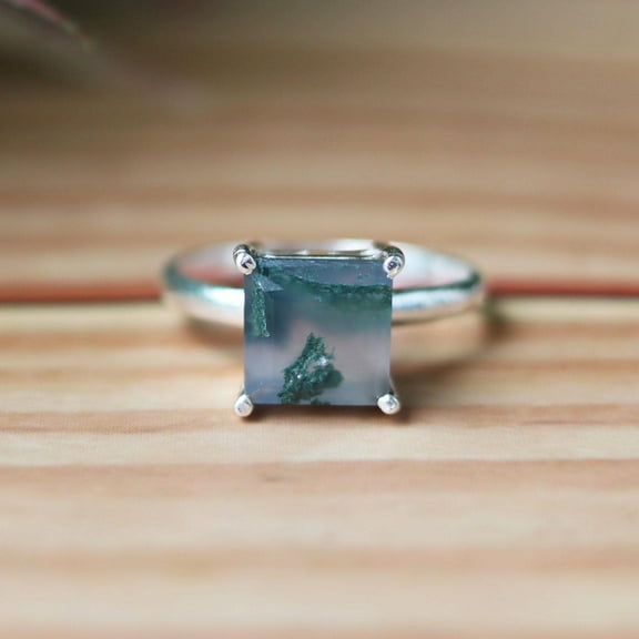 Moss Agate Ring, 925 Silver Ring, Square Cut Gemstone, Prong Setting Ring, Statement Ring, Healing Crystal Ring, Boho Ring, Cocktail Ring