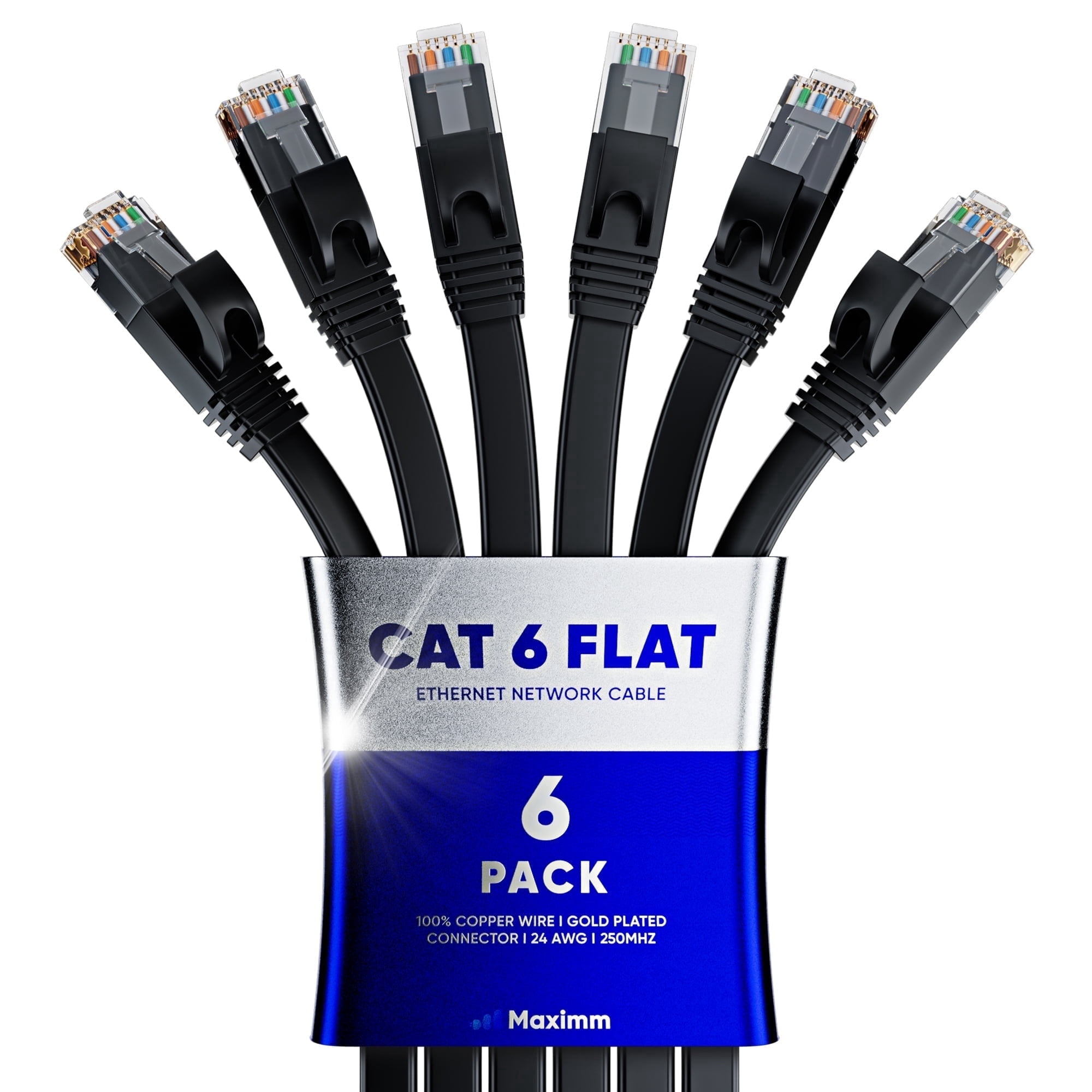 Maximm Cat6 Ethernet Cable, 1ft Flat High-Speed Network Cable, Black, 6-Pack