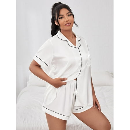 

Women s Plus Sleep Lounge Contrast Binding Satin Pajama Set 021112W21153