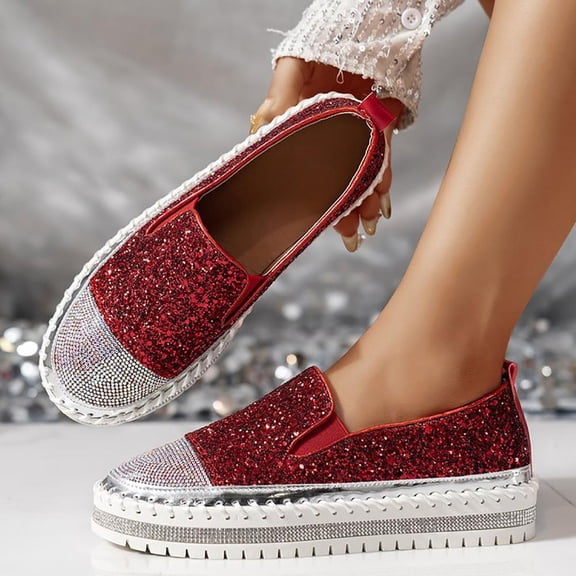 BXSRUTA Women's Rhinestone Embellished Slip on Loafers Round Toe Thick Comfort Casual Shoes