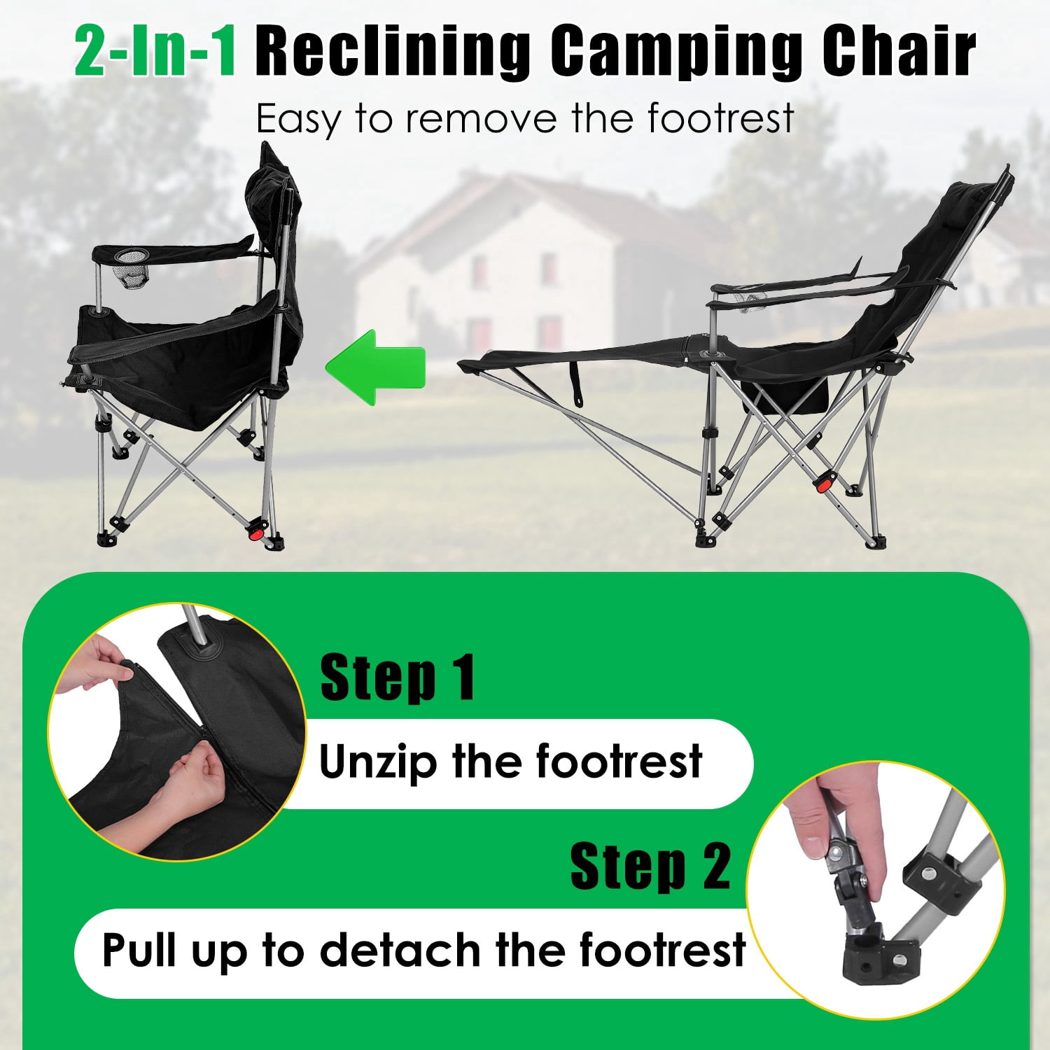 4-Position Reclining Folding Camping Chair with Detachable Footrest, Carbon Steel Frame Waterproof 600D Oxford Lawn Chair with Cup Holder Side Pocket for Fishing Beach Backyard