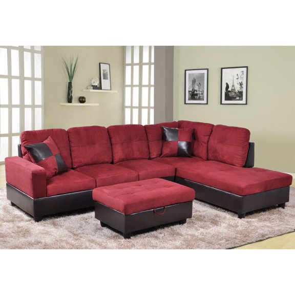 Pon Living Furniture Inc Microfiber and faux leather Right Hand Facing Sectional Sofa with Ottoman, Red