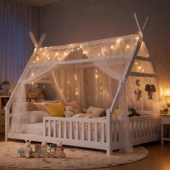 Mirightone Wood Full Size Floor Bed with Rails and Removable Roof, Teepee Bed Montessori Bed with LED Light and Slats - White