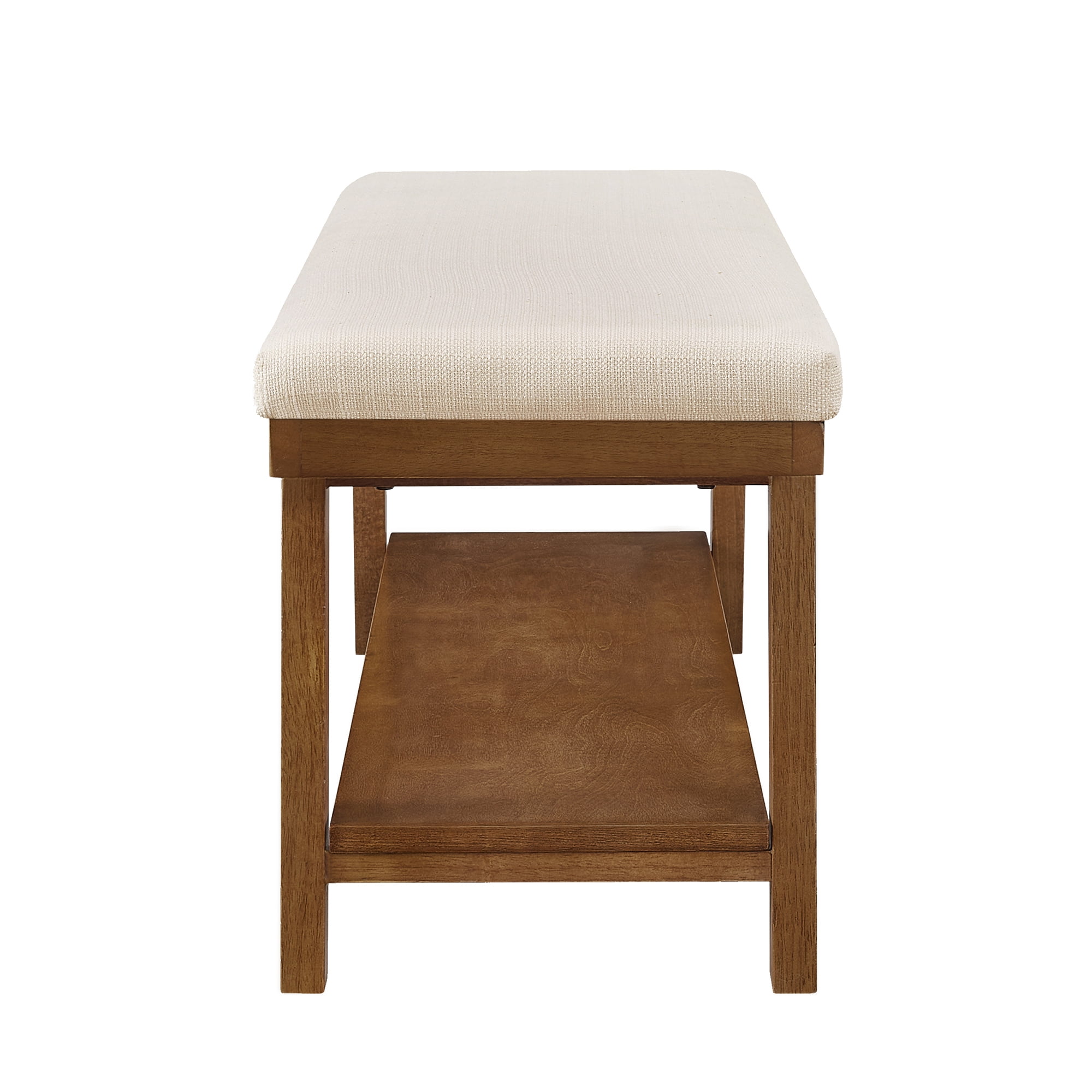 Leumius Upholstered Bench with Storage Shelf,Modern Linen Fabric with Cushioned Seat for Bedroom, Entryway, Living Room,350 lbs Capacity,Ivory