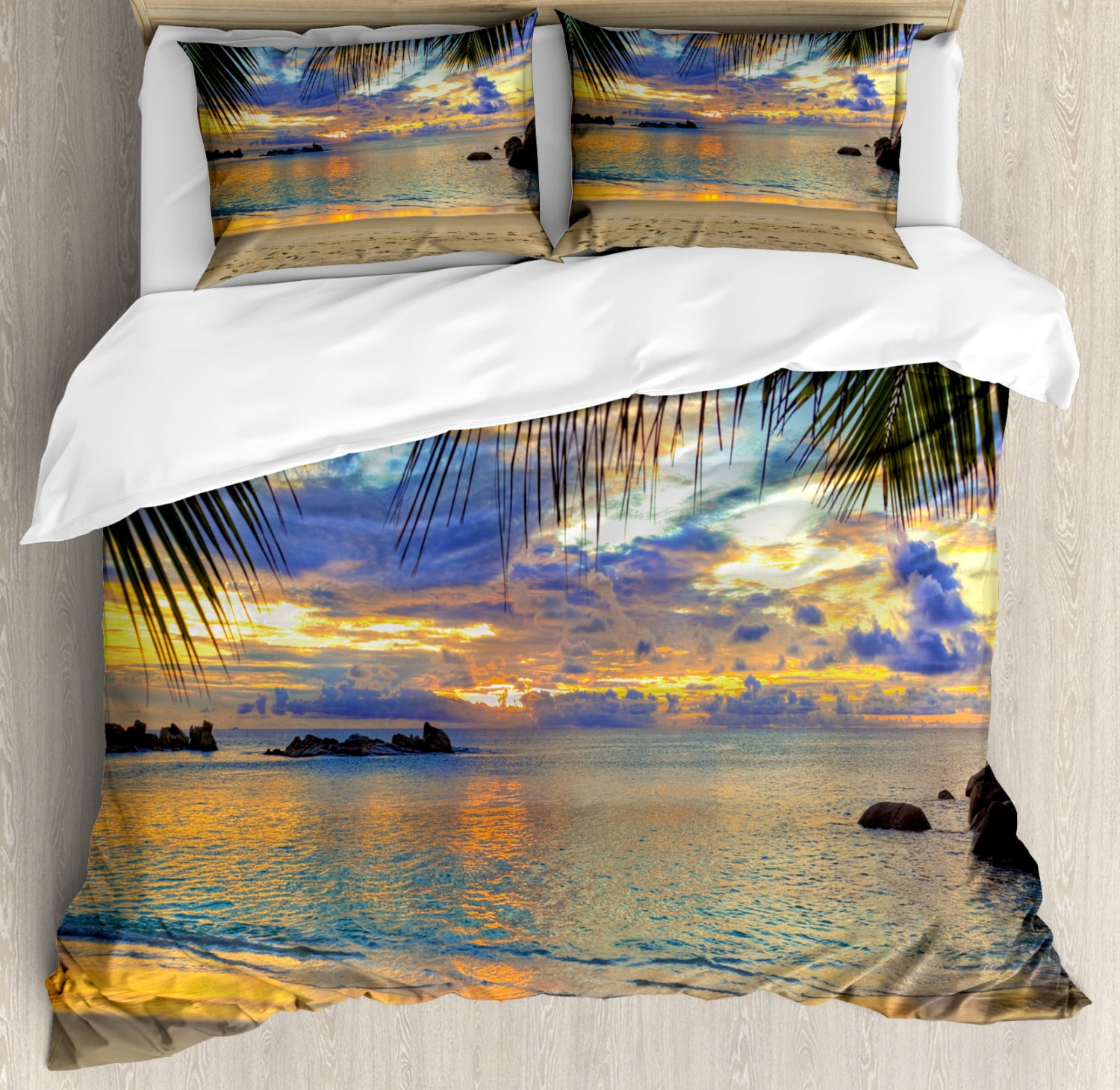 White Beige Queen Size Ambesonne Nautical Duvet Cover Set Sailing Ship Close to Sandy Beach in Moody Sunset Paradise Tropical Theme Decorative 3 Piece Bedding Set with 2 Pillow Shams