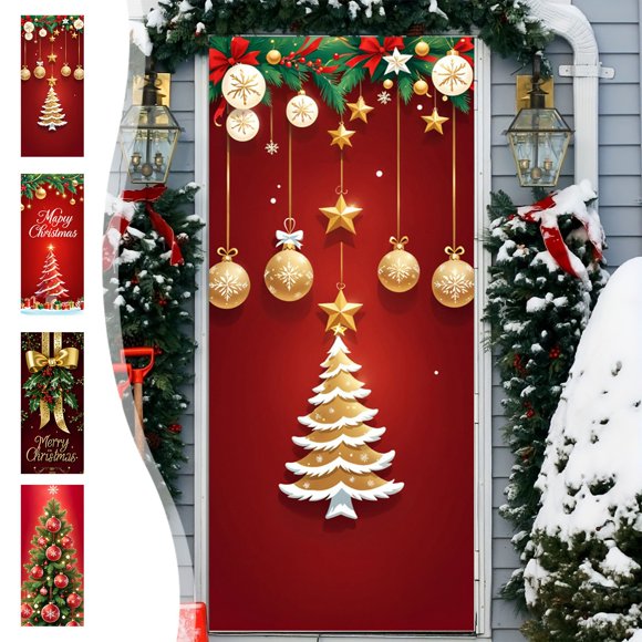 Bowayaoa Housse de Porte de Noël Père Noël Décoration de Fête Autocollants de Porte Tissu Suspendu Décoration de Porte d'Entrée en Polyester Ornement de Scène