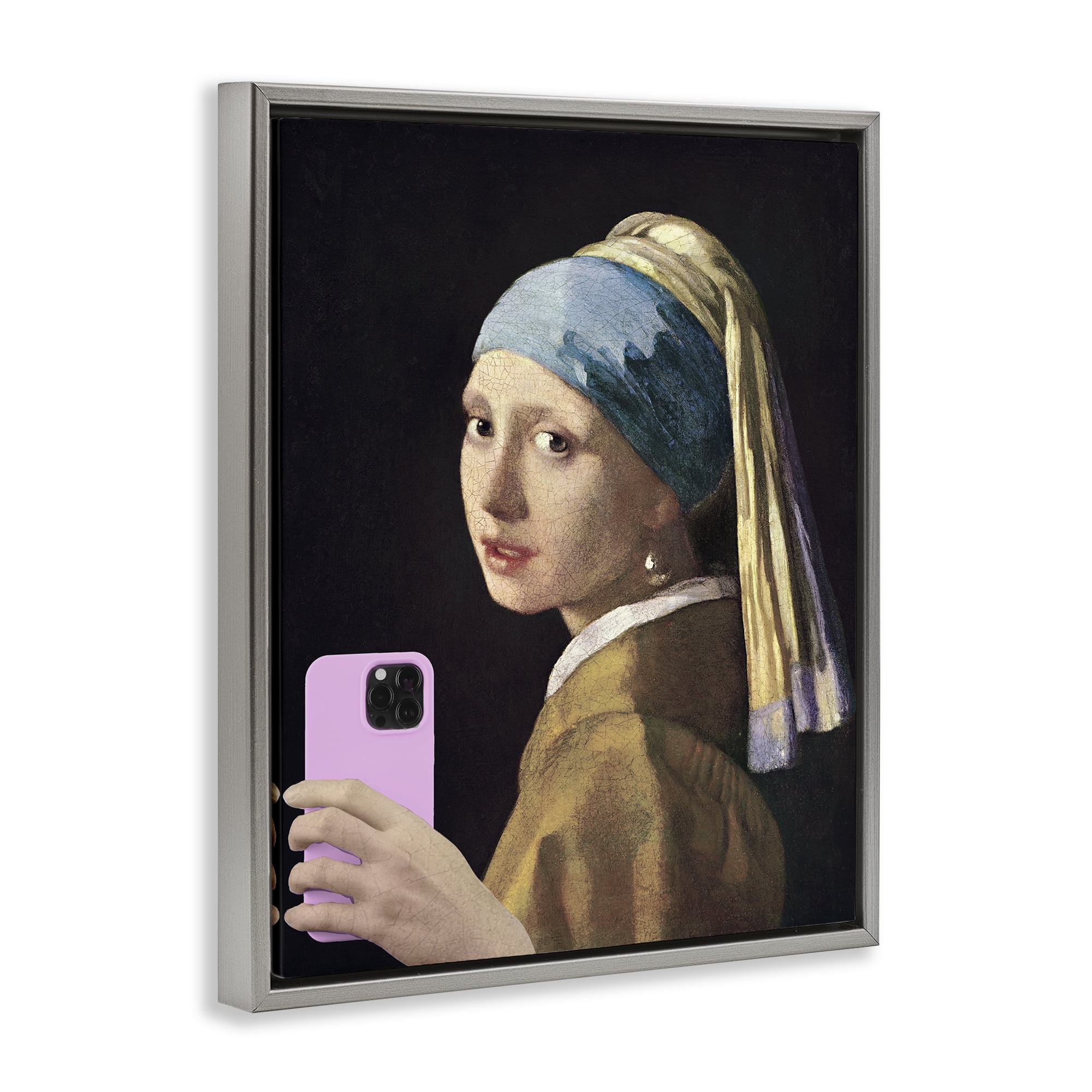 Girl With Pink Phone Funny Gray Framed Floater Canvas Wall Art, design by Masters Redux