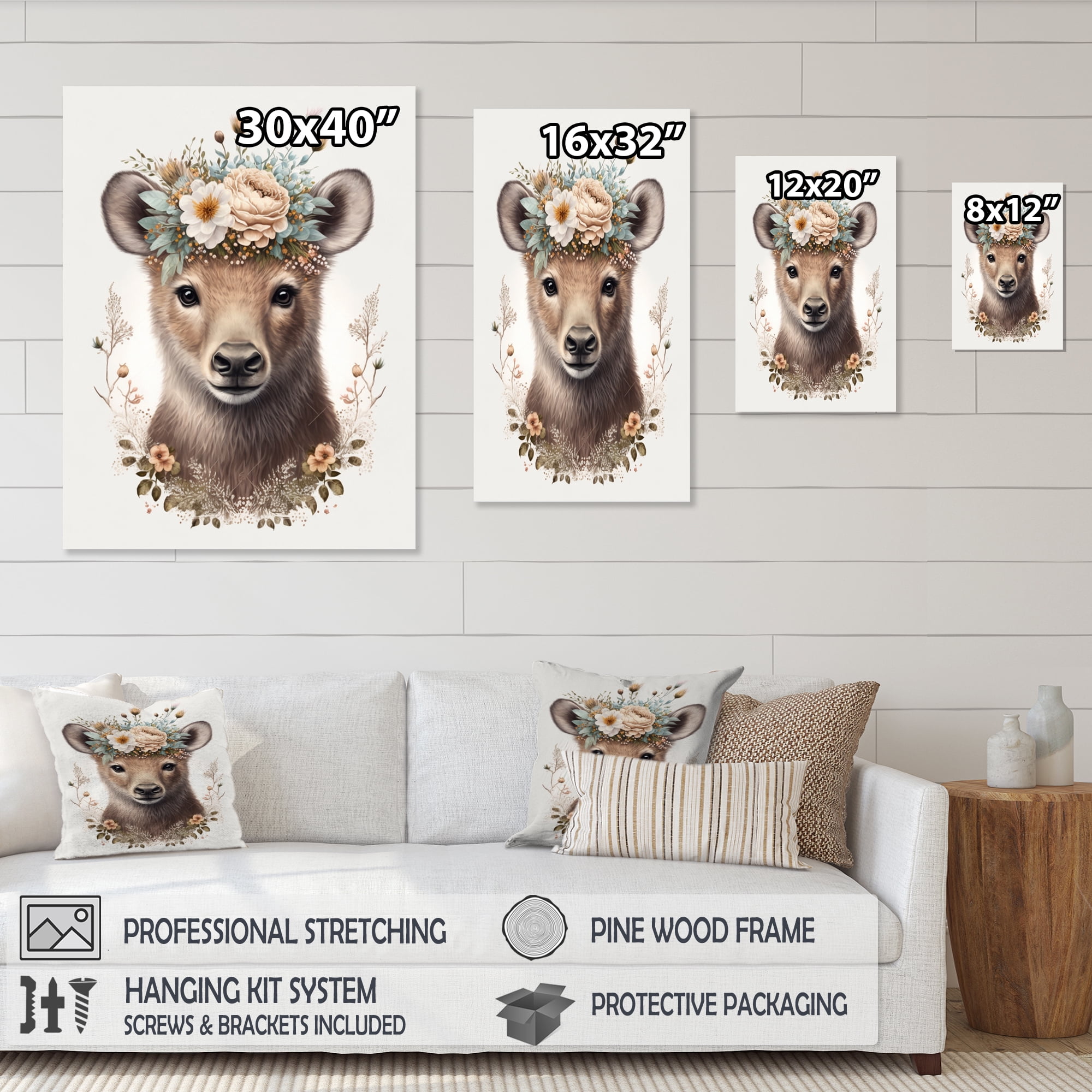 Designart Cute Baby Bear With Floral Crown III Canvas Wall Art