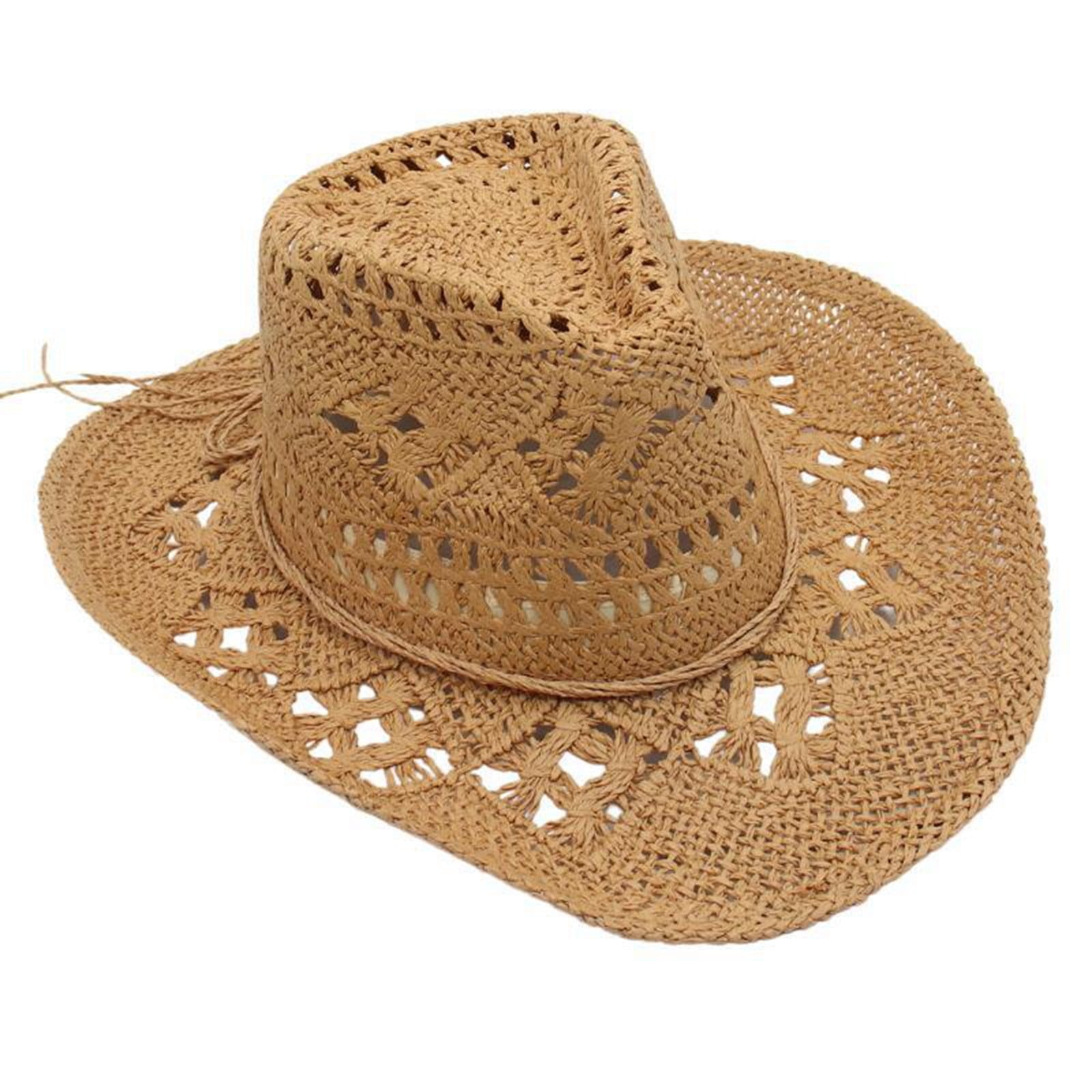 EHTMSAK Straw Cowboy Hat for Women Wide-Brimmed Western Cowboy Cowgirl  Multi-Functional Sun Hat for Summer White Free Size