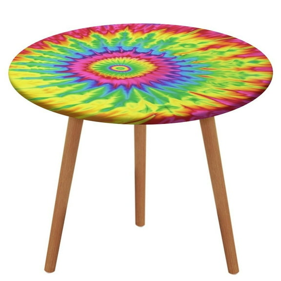 Colorful Swirls Tie-dye Round Fitted Tablecloth with Flannel Backing Elastic Table Cloth Waterproof Oil-Proof Plastic Table Cover Table Up 40"-54" Diameter)