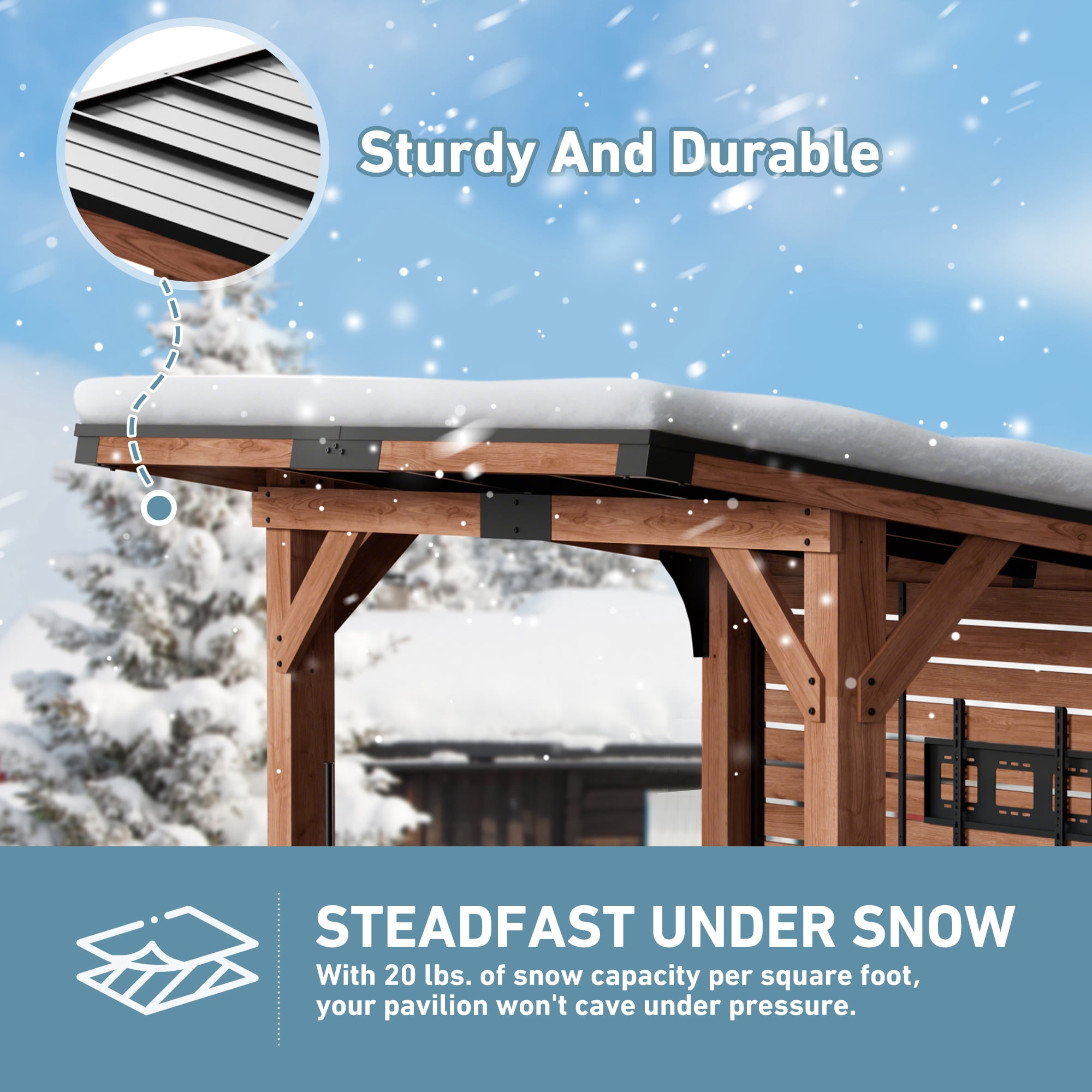 Modern Shade Cedar Wood Bar Center Gazebo with Steel Roof, Shelves, TV Mount & Power Strip for Patio or Garden