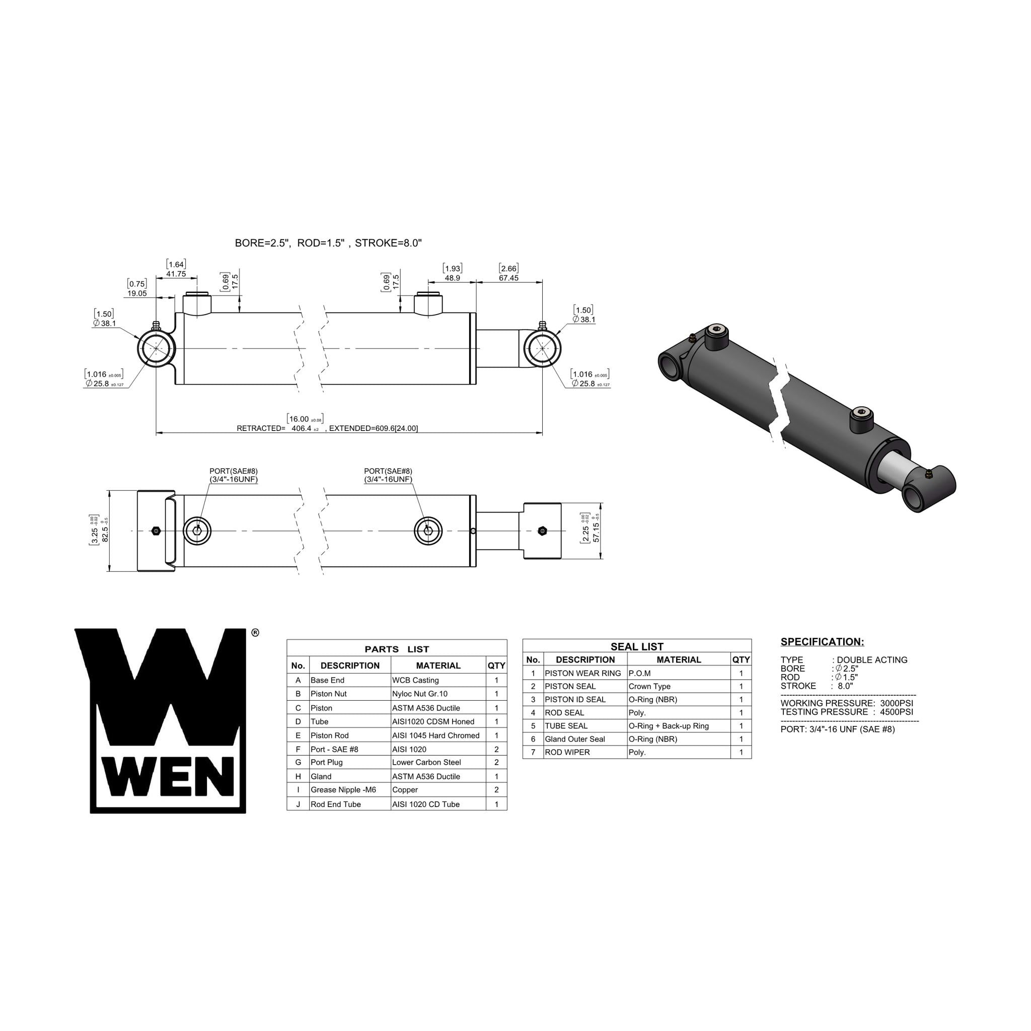 WEN Cross Tube Hydraulic Cylinder with 2.5-inch Bore and 8-inch Stroke (WT-2508)