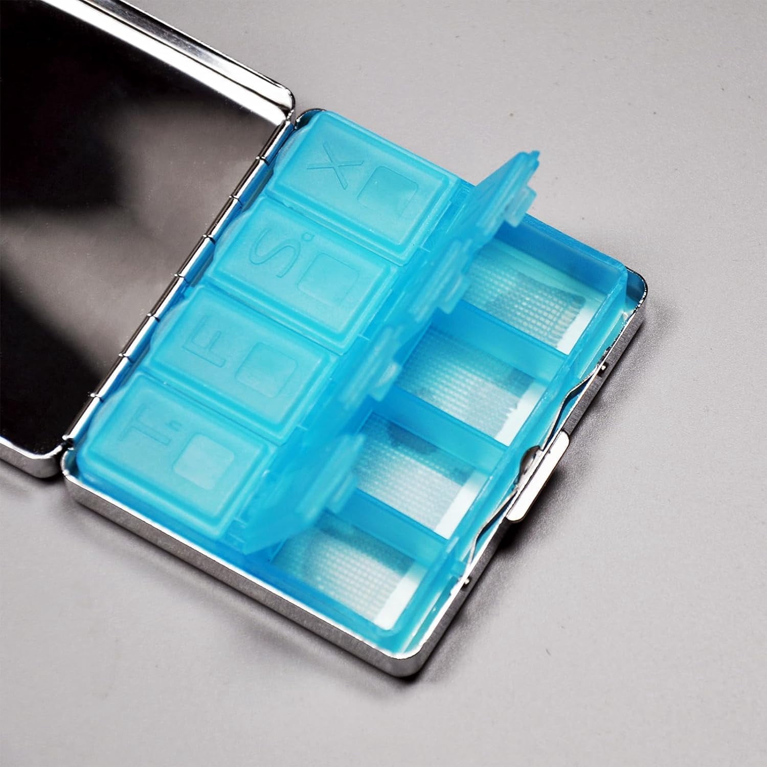 Apothecary 7 Days Chromed Shiny Silver Pill Organizer with Mirror Inside Has 8 Separate Compartments Rectangle Cute Travel Pill Organizer for Purse 7 Days Pill Box Pill Case