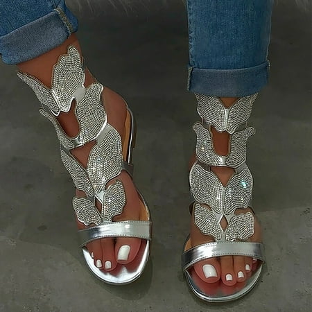 

Mortilo Women s sandals Women s Ladies Casual Open Toe Rhinestone Sandals Low Heel Shoes womens shoes summer 43 Silver