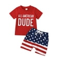 thumbnail image 2 of Miaouyo Toddler Baby Boys 2PCS 4th of July Outfits, Kids Boys Short Sleeve Letter Print T-Shirts + Knot Front Shorts Independence Day Clothes Set,0-24 Months 2-3 Years, 2 of 10