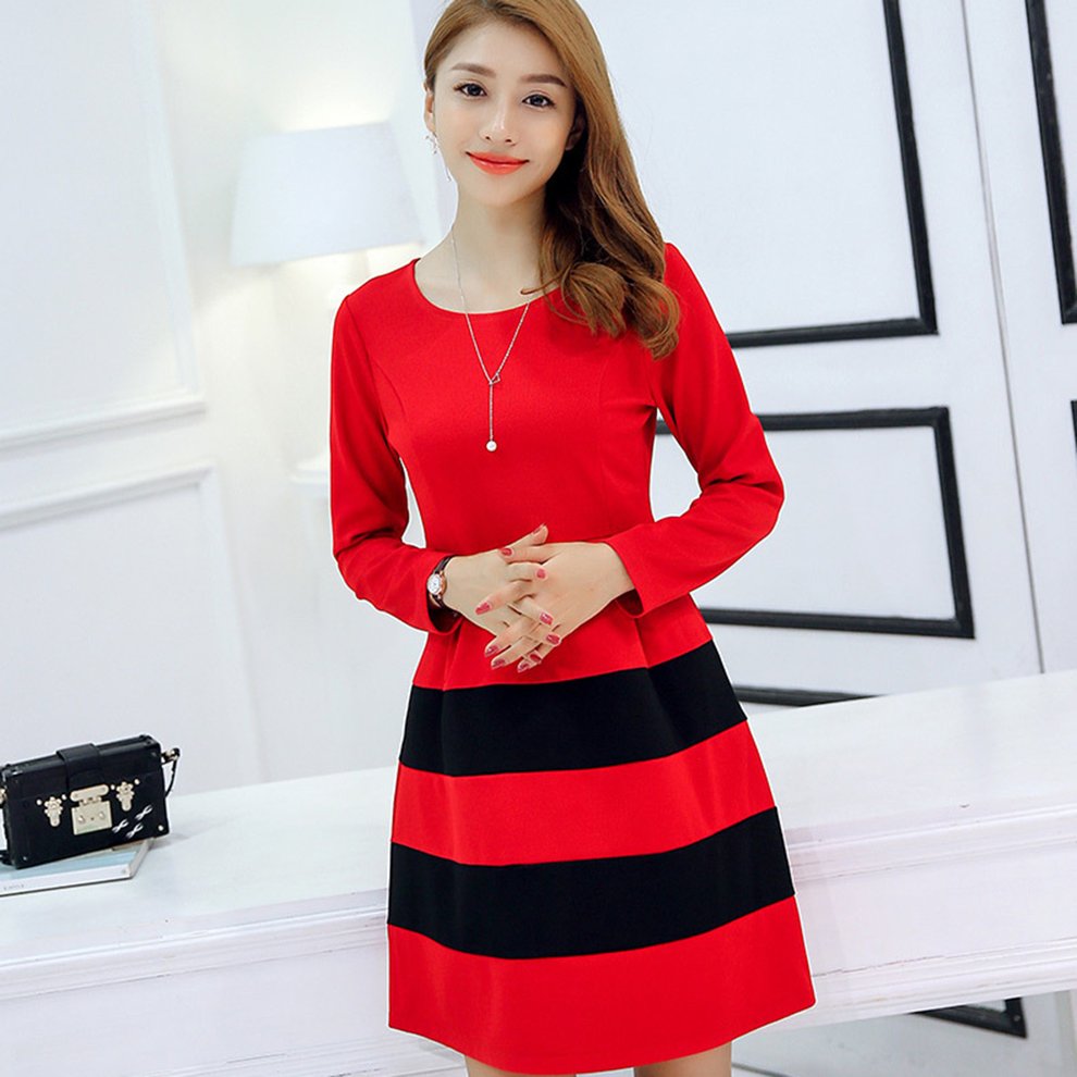 Color Patchwork Long Sleeved One Piece Dress O Neck Above Knee Dress For Women Red Walmart Canada