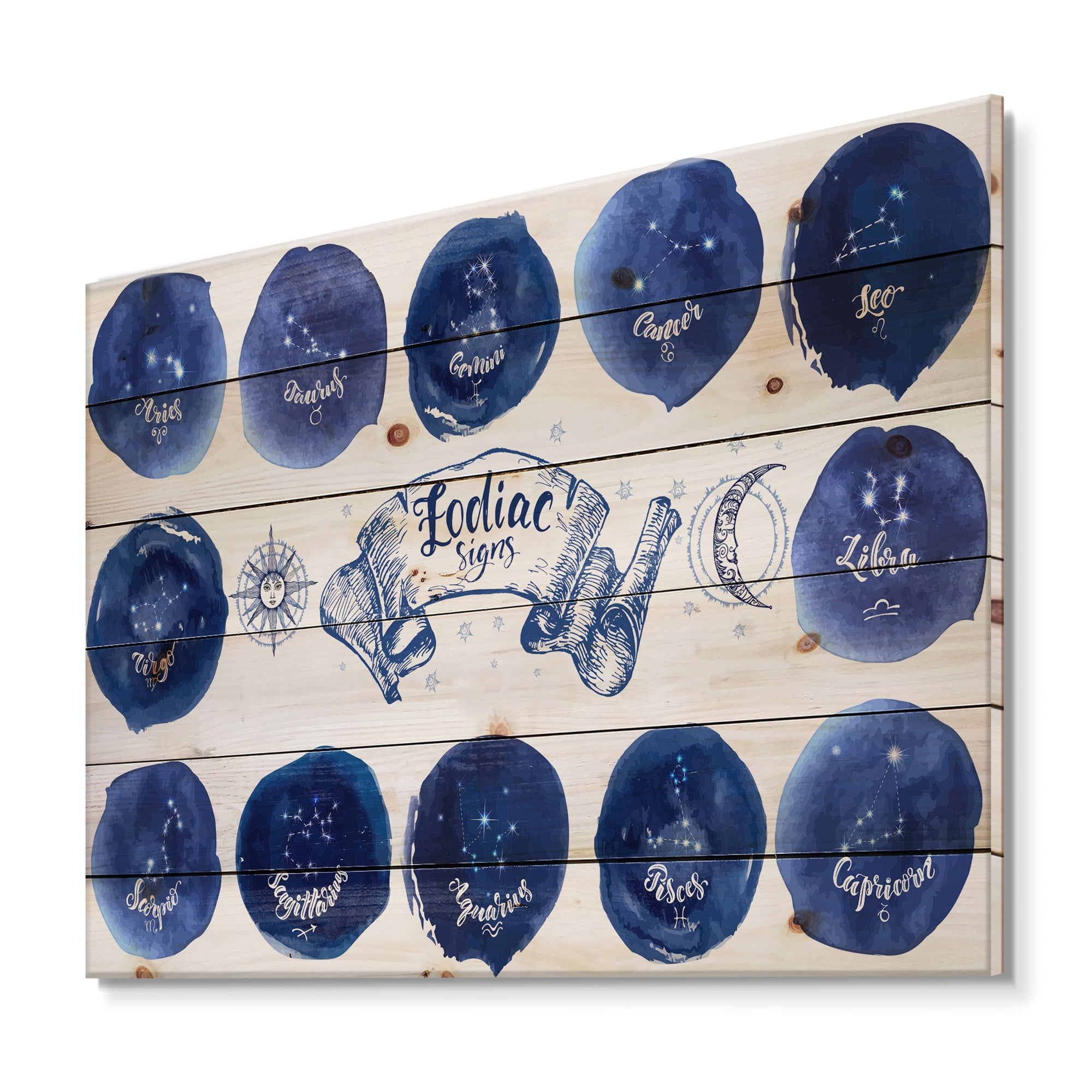 Designart 'Collection of Astrology Signs On Blue Circles' Modern Print on Natural Pine Wood