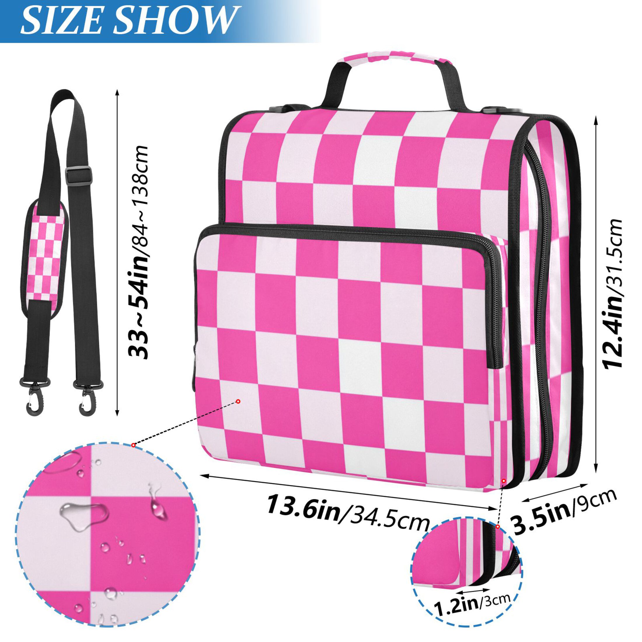 Zipper Binder 3 Rings Stationery Office Files Daily Organizer File Folder Storage Bag Hot Pink Checkered Pattern