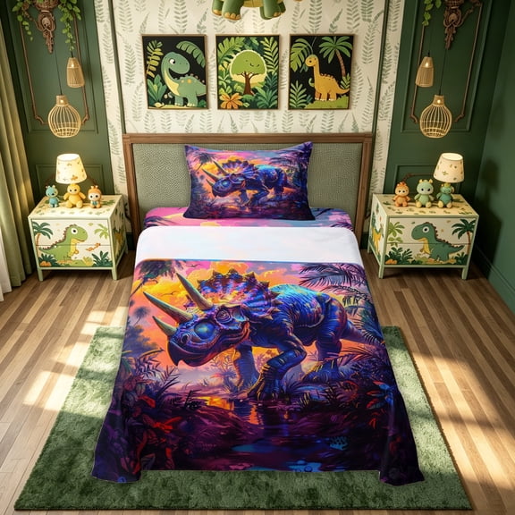meiyoeat Rainbow Triceratops Dinosaur Twin Sheets for Kids Boys Teens, Galaxy Wildlife Bedding, Black Reversible, 1 Flat Sheet, 1 Fitted Sheet and 1 Pillowcase