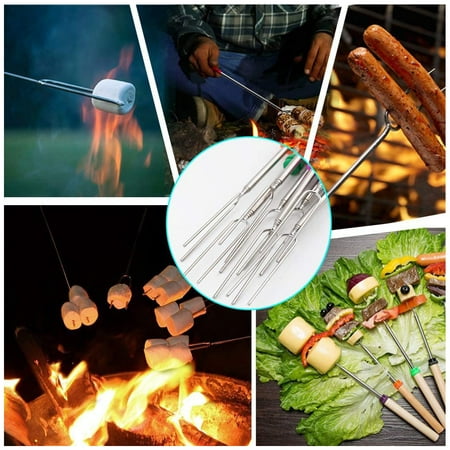 Barbecue Fork U-shaped Hot Dog Skewer Wooden grilling; keeping a safe  Handle Stretchable Roasting Sticks Lightweight Stainless BBQ Accessories