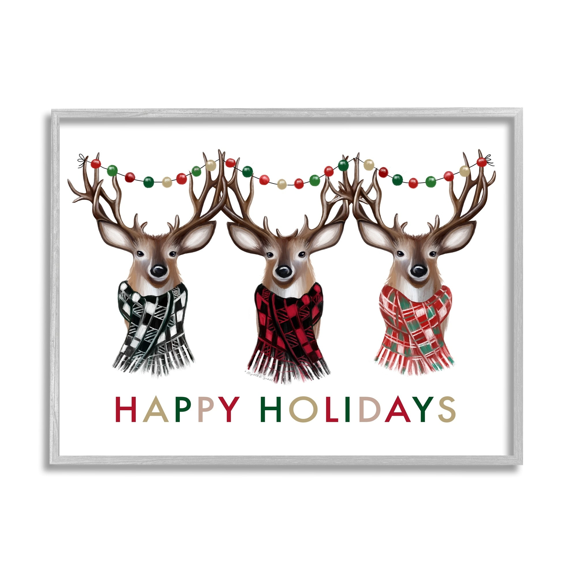 Happy Holidays Christmas Reindeer Antlers Plaid Scarf Animals & Insects Graphic Art Framed Art Print Wall Art