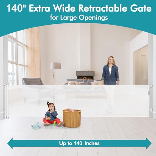 140 Inch Wide Retractable Baby Gates Retractable Dog Gate for Large Openings, Extra Wide Baby Gates for Dogs Indoor Retractable Gate Outdoor Pet Gate, Mesh Gates for Kids or Pets Dog Fence, White