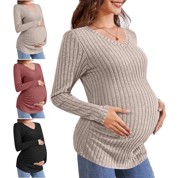 Lumosvexa Women's Maternity Long Sleeve Top Comfortable Stretchy Soft V Neck Fall Casual Maternity Tee Brown L