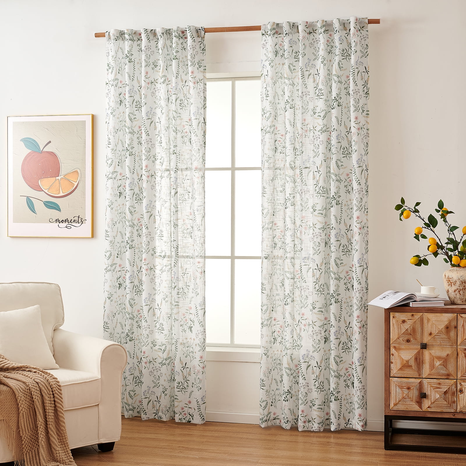 CURTAINKING Floral Curtains Farmhouse Green Curtain 90 Inches Long for Bedroom French Country Back Tab Drapes Plants Printed Light Filtering Window Treatment Curtains Set, 2 Panels